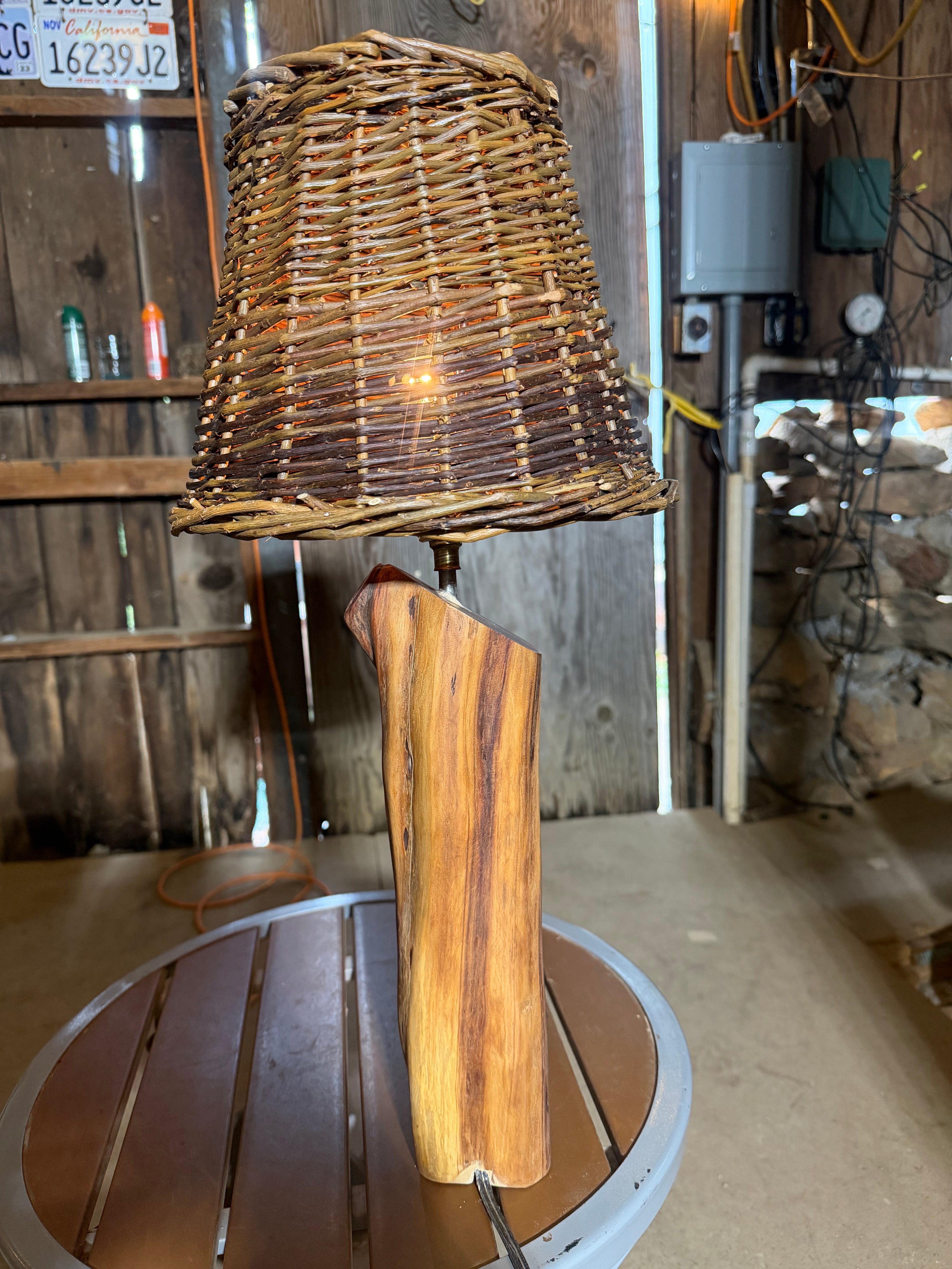 23” Wicker Lampshade; Manzanita Log Lamp