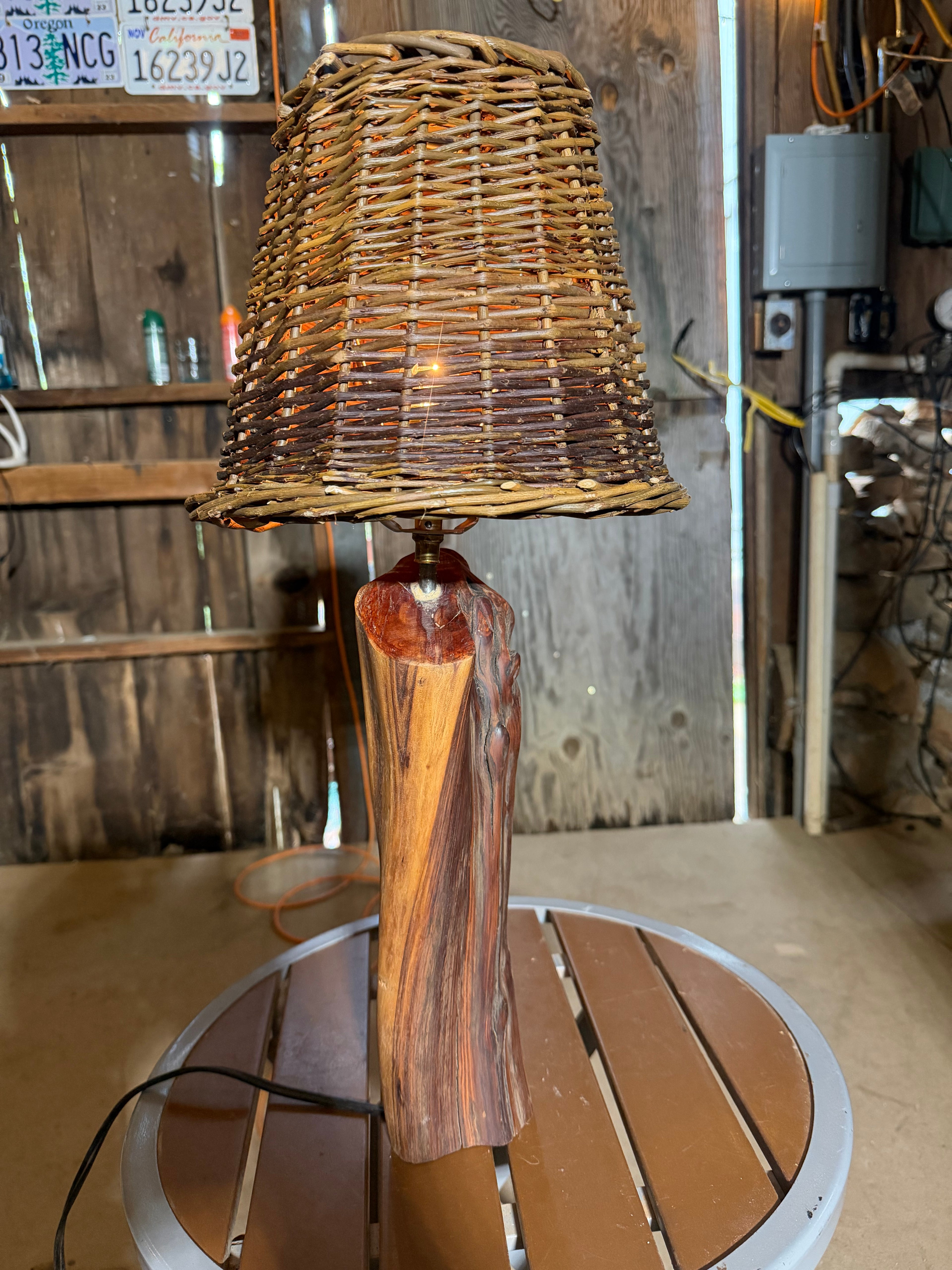 23” Wicker Lampshade; Manzanita Log Lamp