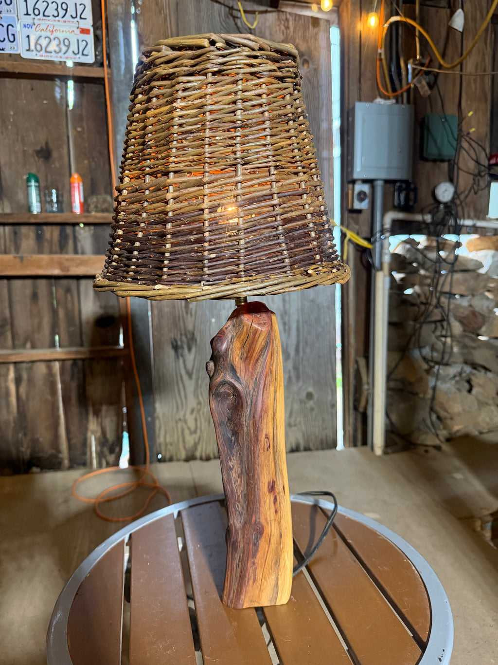 23” Wicker Lampshade; Manzanita Log Lamp