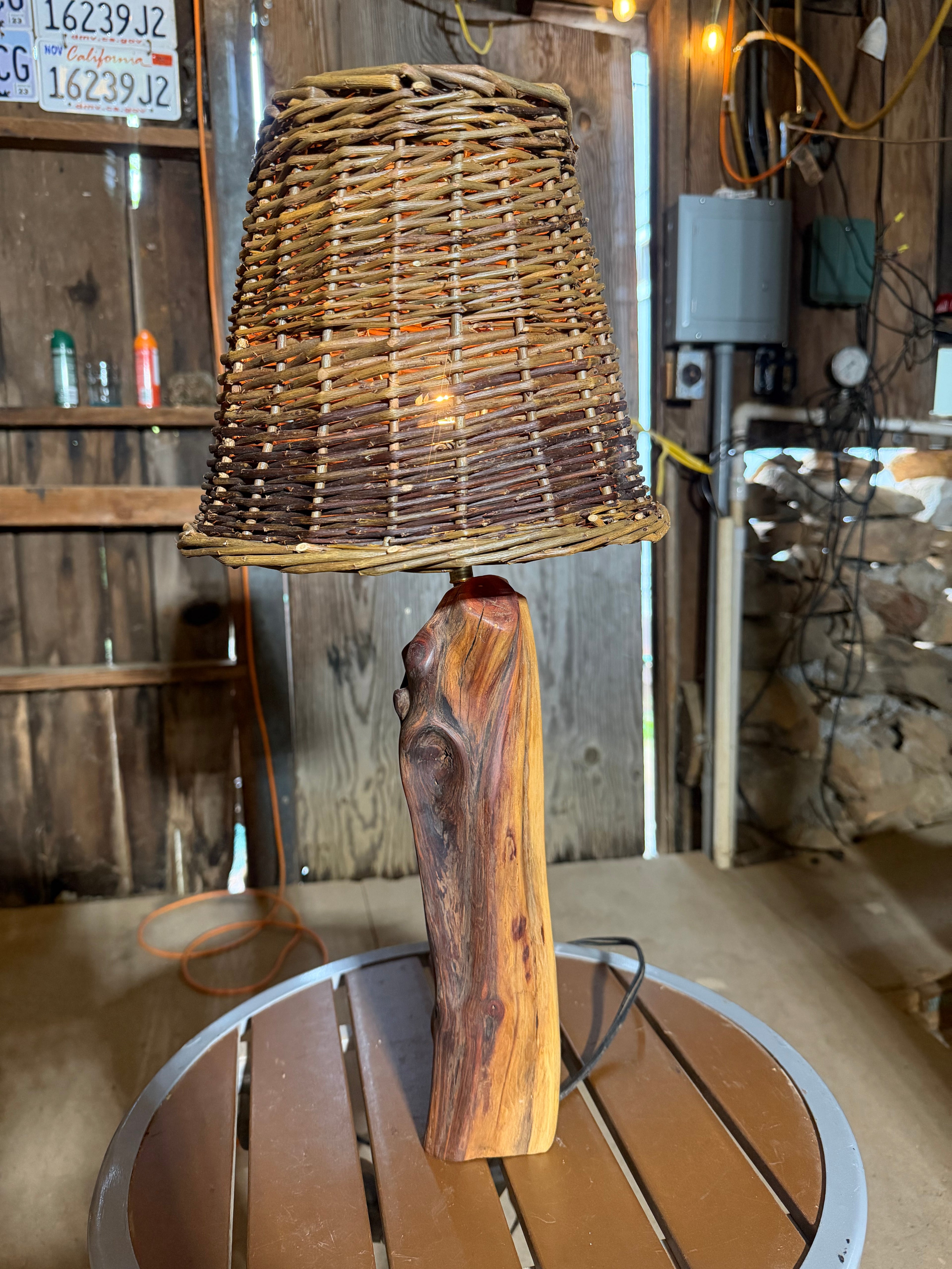 23” Wicker Lampshade; Manzanita Log Lamp