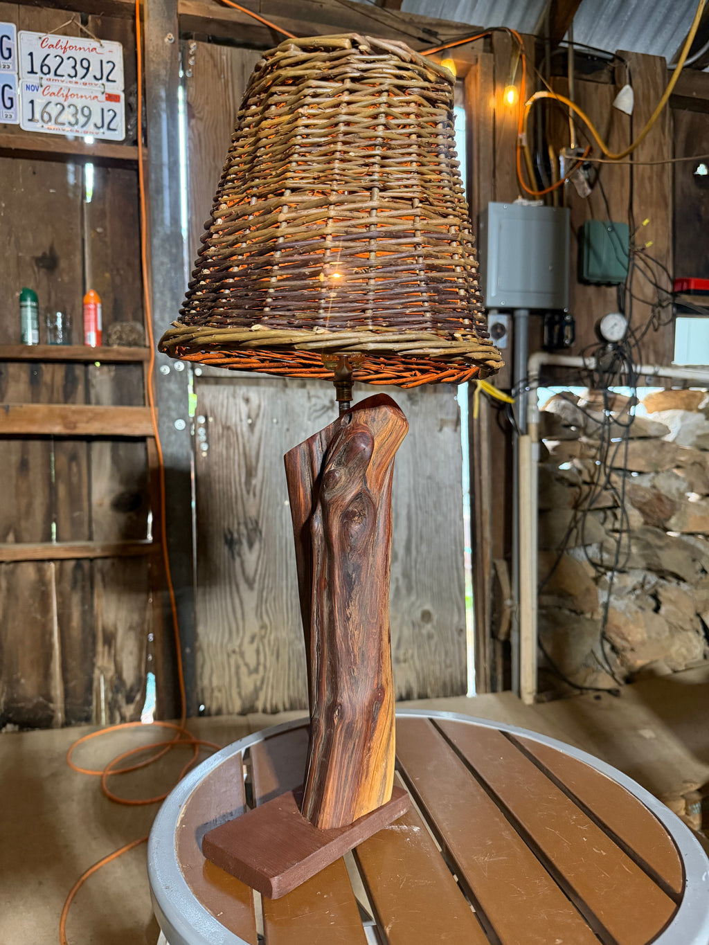 23” Wicker Lampshade; Manzanita Log Lamp