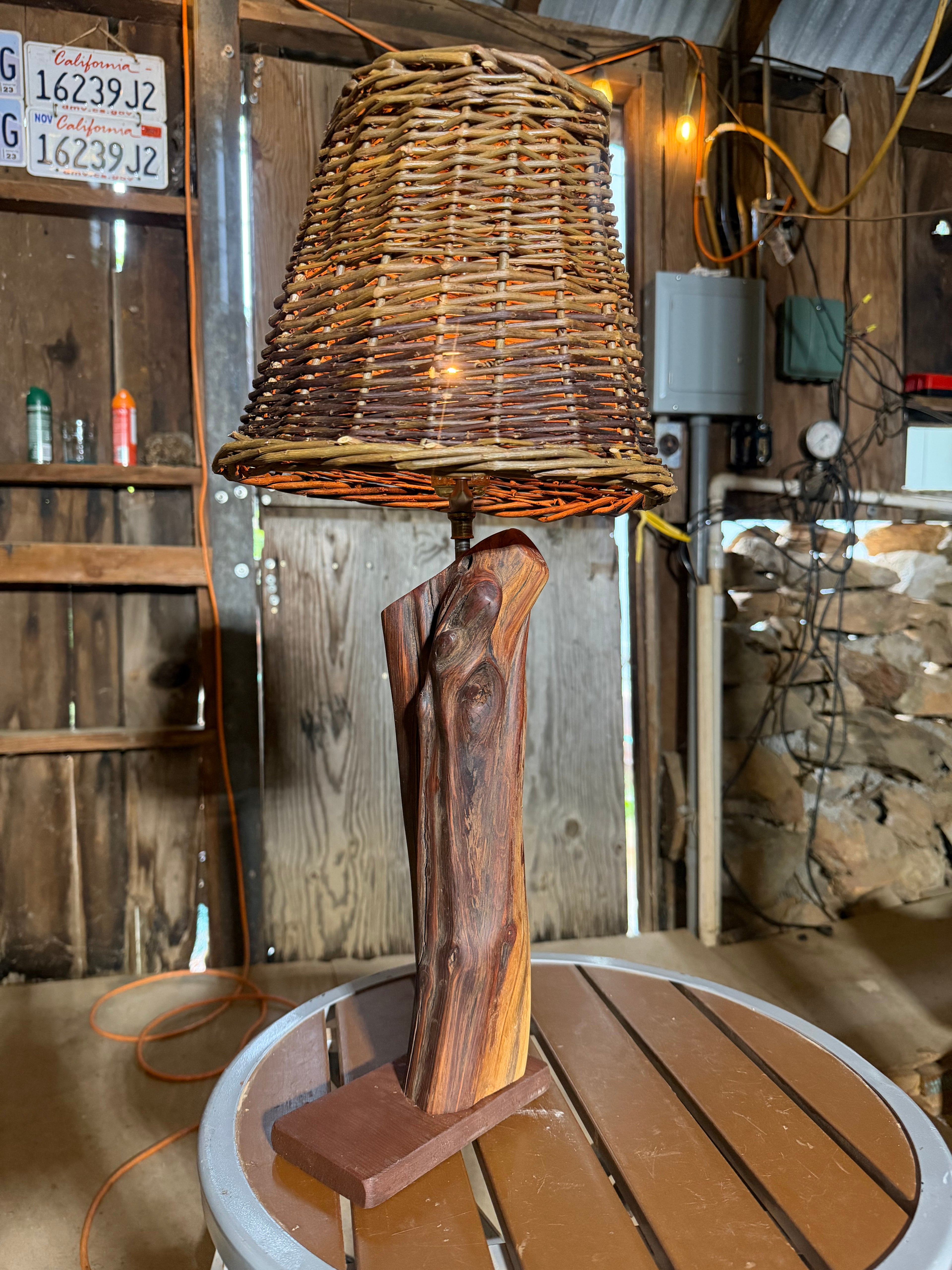 23” Wicker Lampshade; Manzanita Log Lamp