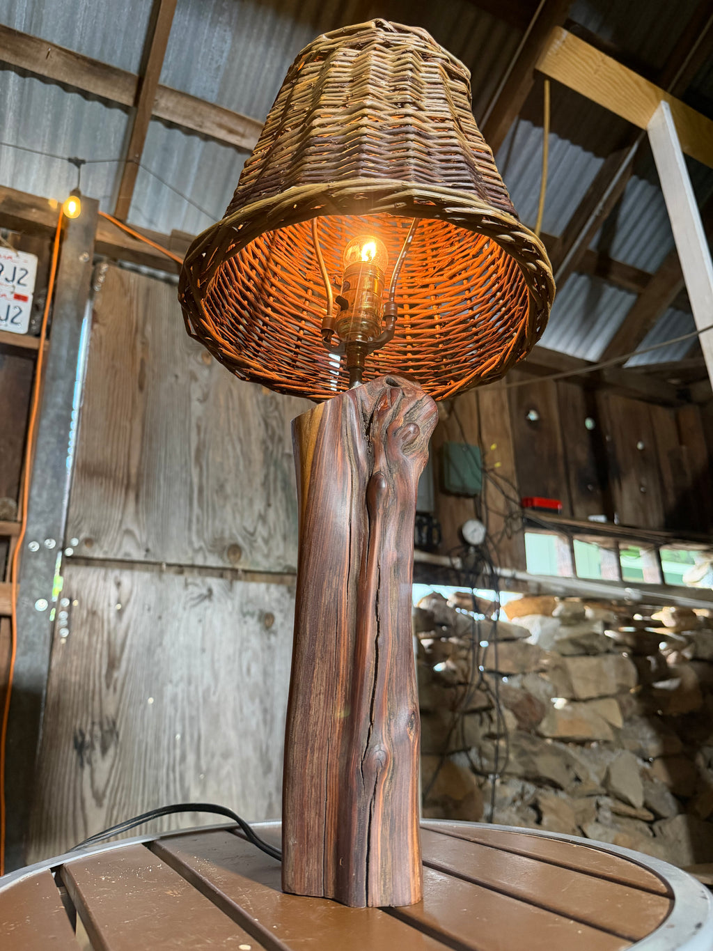 23” Wicker Lampshade; Manzanita Log Lamp