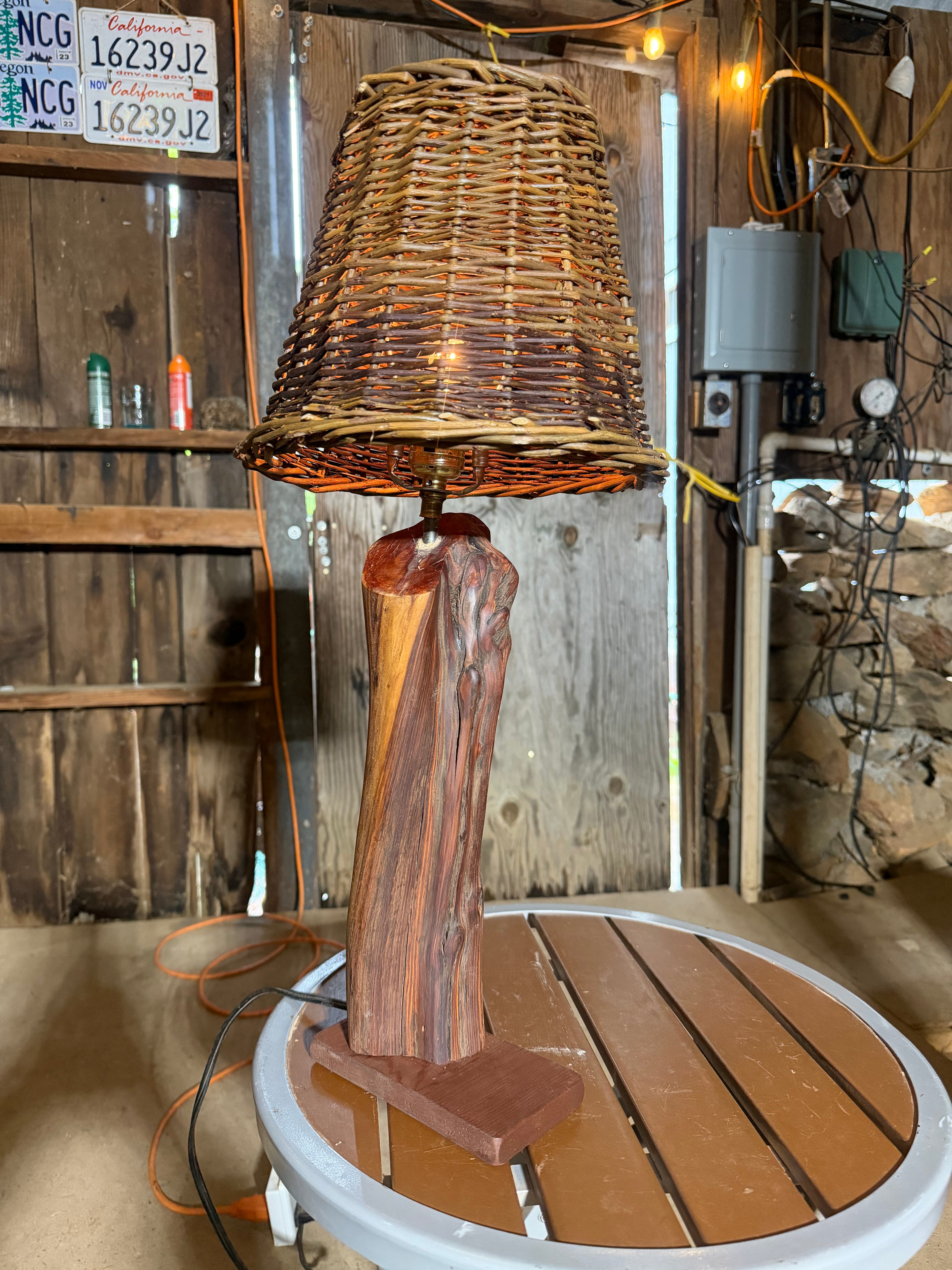 23” Wicker Lampshade; Manzanita Log Lamp