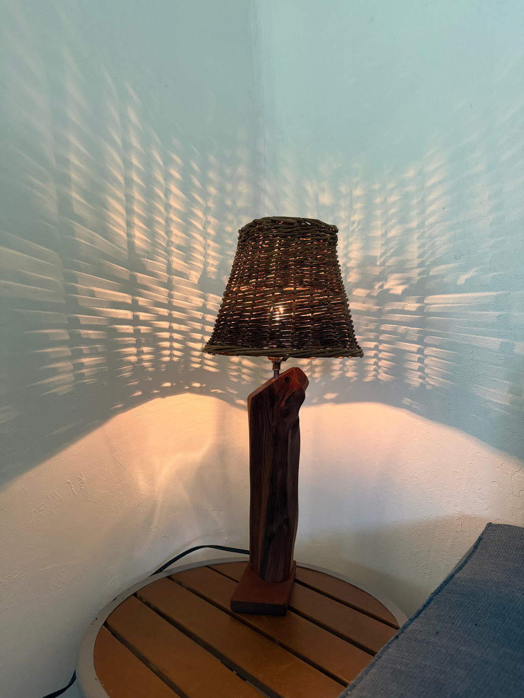 23” Wicker Lampshade; Manzanita Log Lamp
