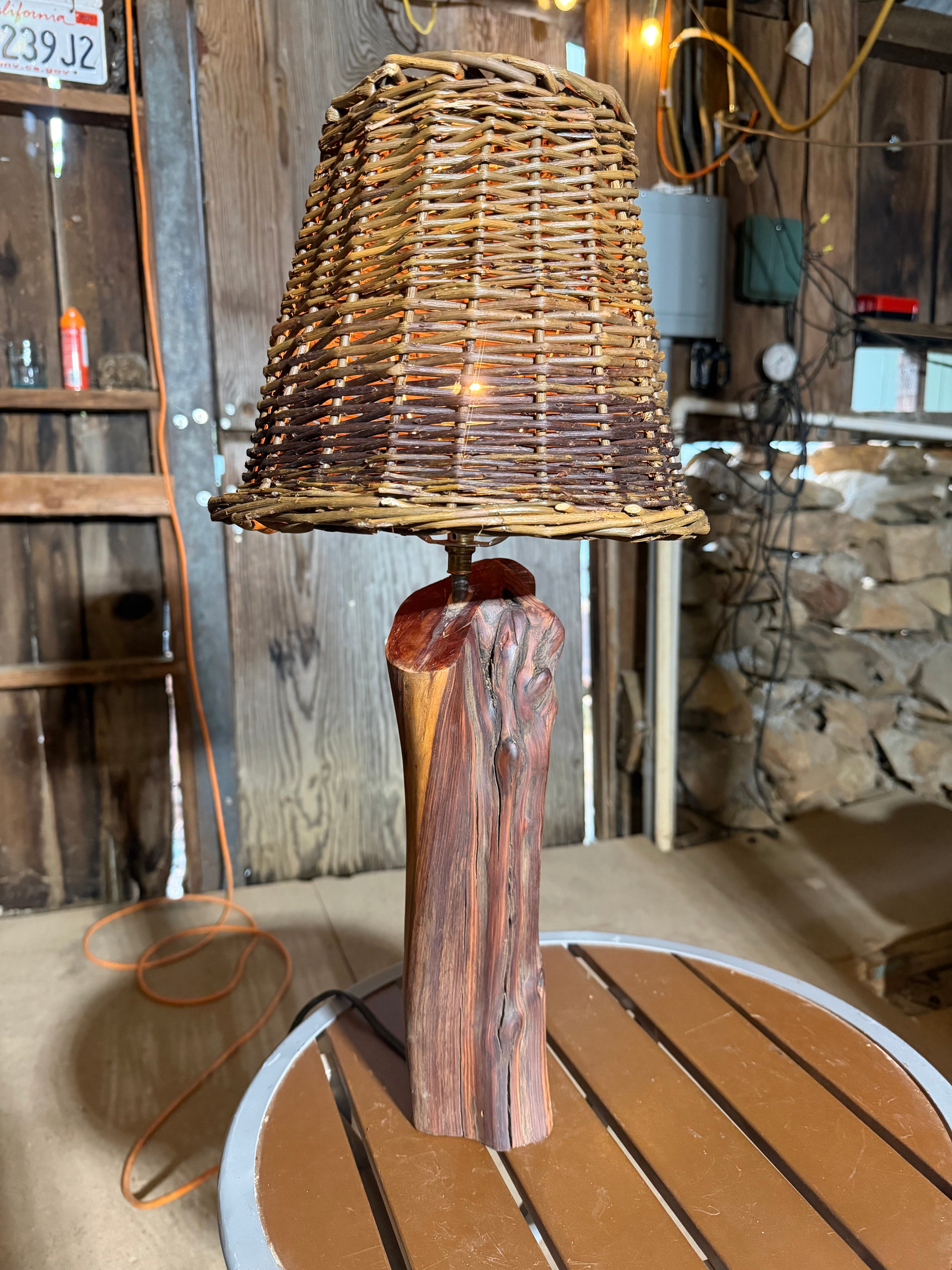 23” Wicker Lampshade; Manzanita Log Lamp