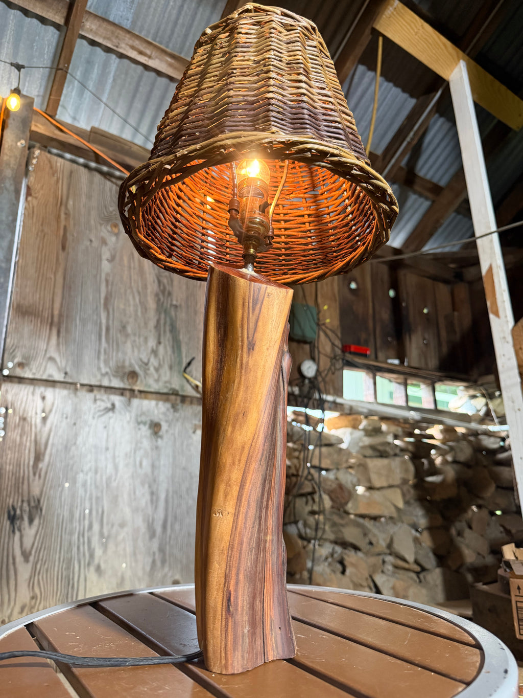 23” Wicker Lampshade; Manzanita Log Lamp