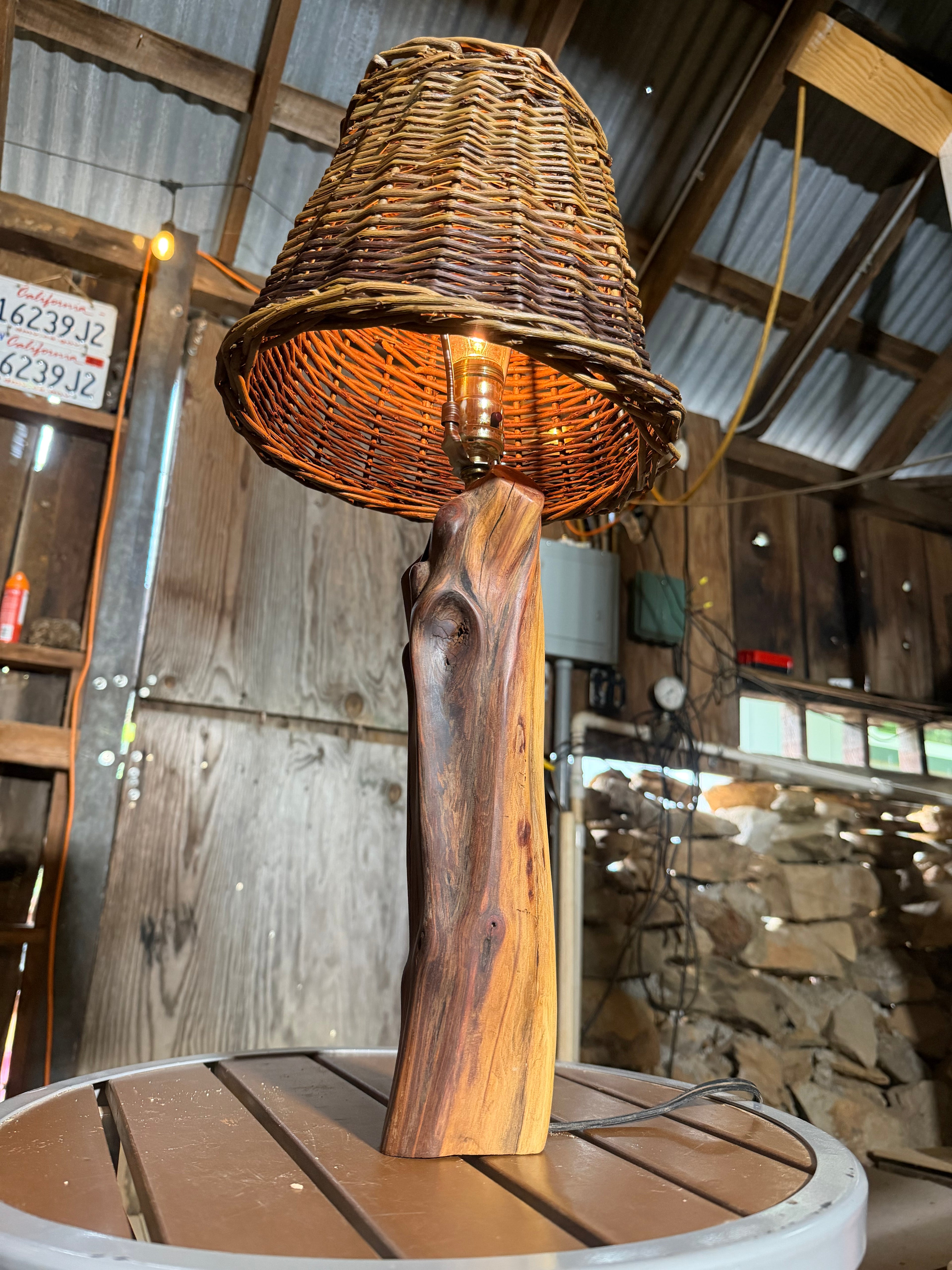 23” Wicker Lampshade; Manzanita Log Lamp